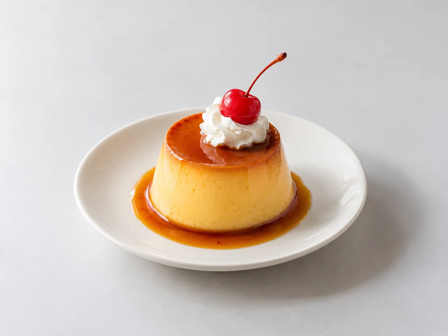 さくらんぼとクリームをのせたプリン