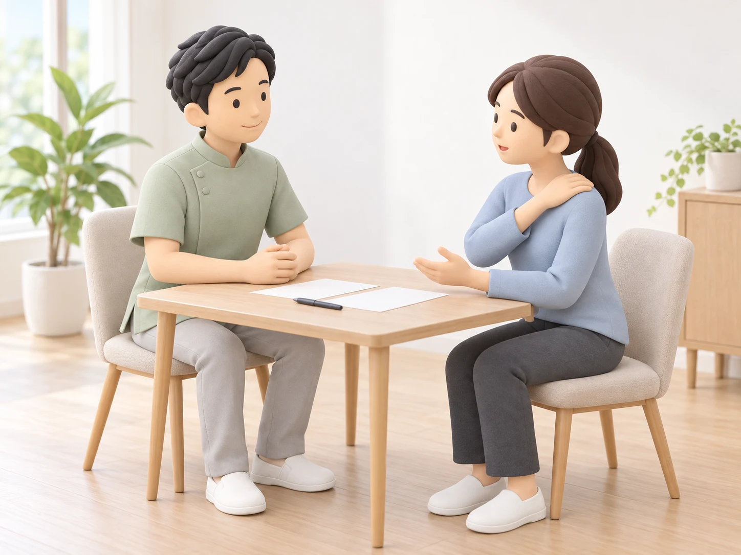 利用者の肩のお悩みを聞く整体師の人形