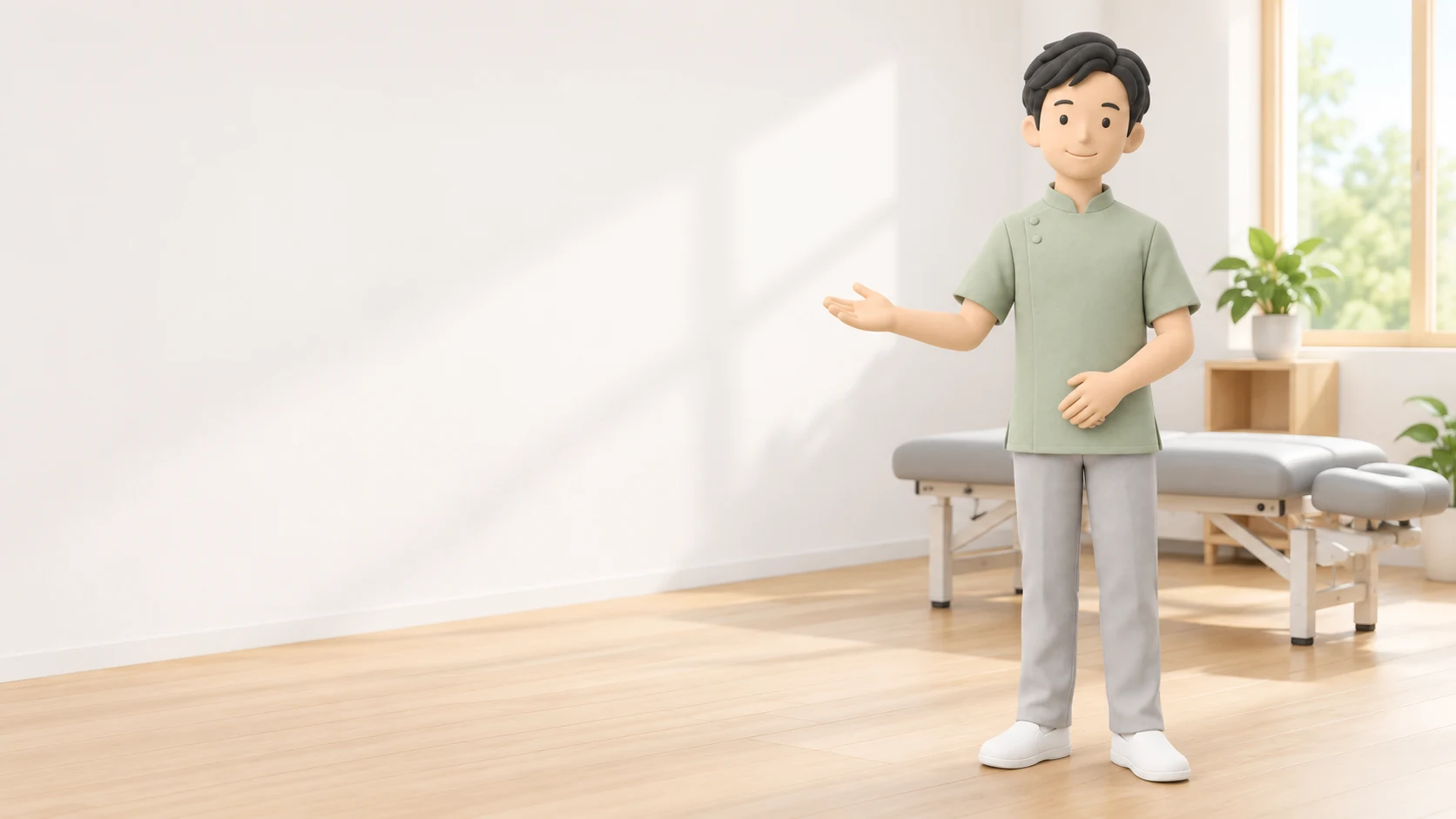 明るい院内でやさしく迎える、粘土人形の整体師