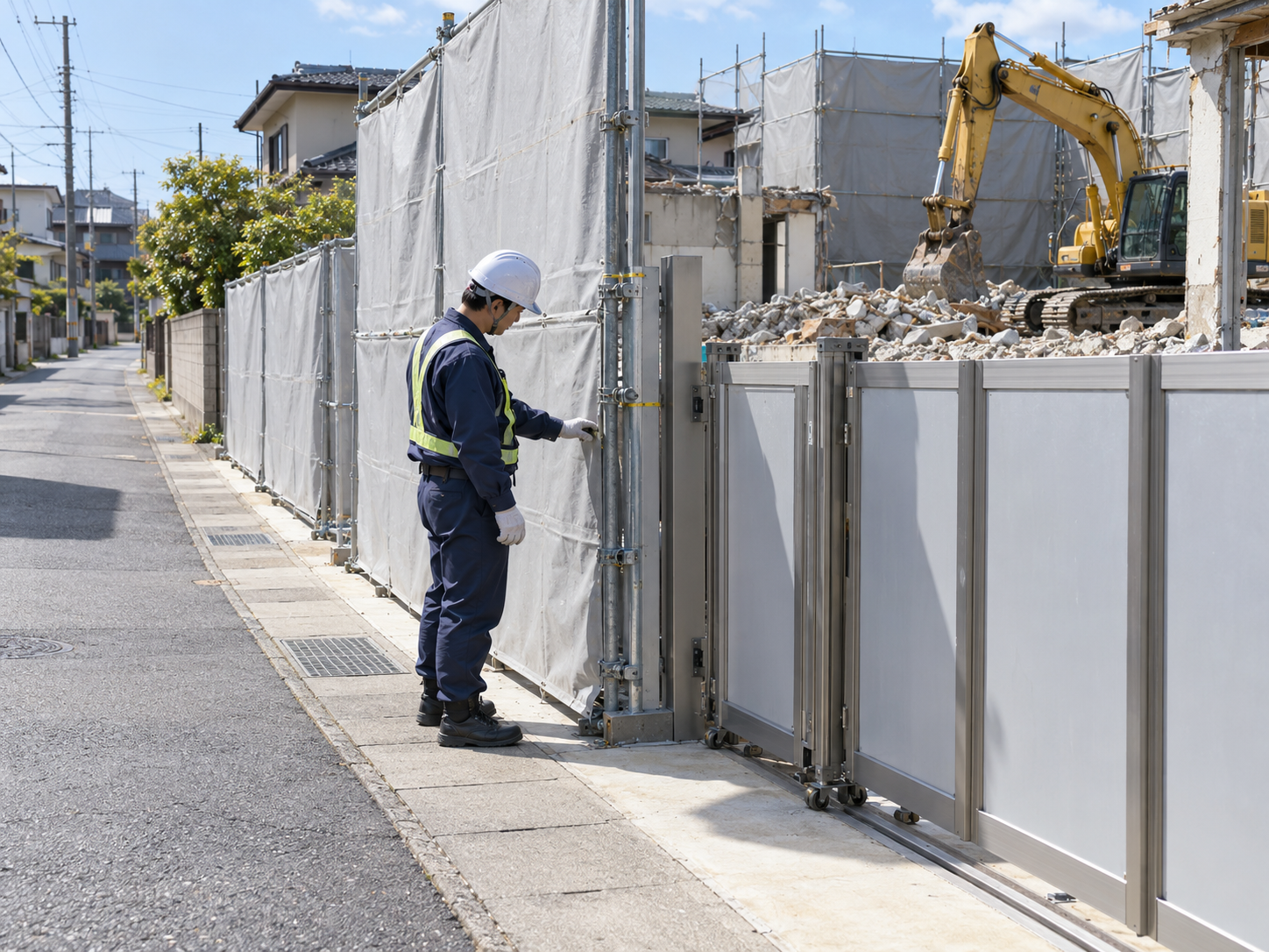 現場の仮囲いを確認する作業員
